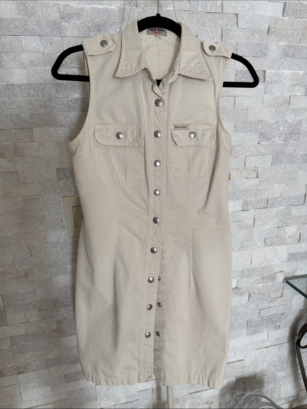 VTG Guess Jeans  Sleeveless  Snap on Button Beige with pockets. Jr. size 7